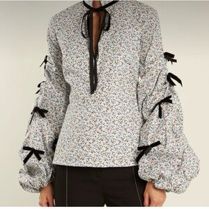 Caroline Constas Green/Cream Printed Top With Exagerated Sleeves Velvet Bows M
